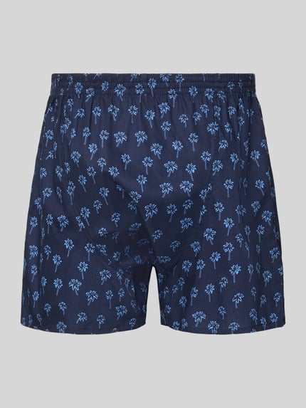 Produktfoto, dunkelblaue Boxershorts aus reiner Baumwolle Modell 'Palme' von Deal mit Palmenmuster, elastischem Bund und Label-Detail.