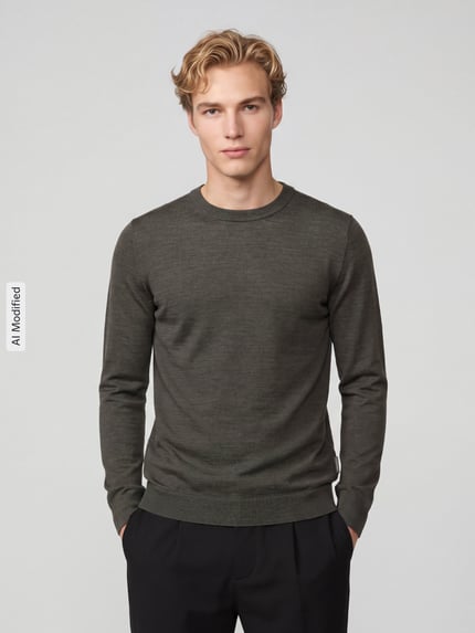 Männermodel trägt Regular Fit Pullover aus reiner Wolle Modell 'TRAY' von Selected in Dunkelgrau, Herren Pullover, Ganzkörperansicht von vorne, KI-modifiziertes Bild.