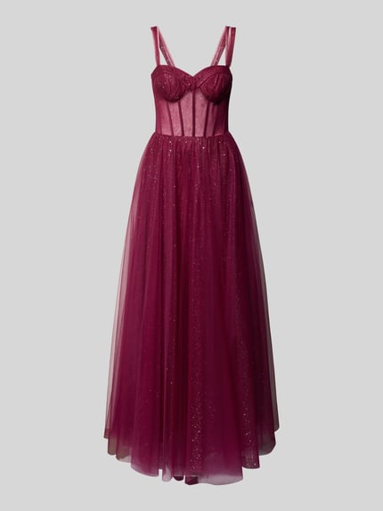 Produktfoto, szmaragdowo-czerwone szimmerndes Abendkleid in semitransparenter Optik od Hey Kyla, tiul, taliowany krój, suknia maxi, efekt połysku
