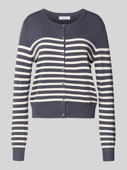 Produktfoto, Strickjacke aus Viskose-Mix mit Streifenmuster von Christian Berg Woman, dunkelblau-weiß, Rundhalsausschnitt, Knopfleiste, Regular Fit