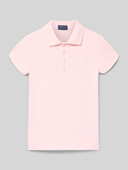 Produktfoto, Regular Fit Poloshirt met labelstitching van Polo Ralph Lauren Teens, mix van katoen en elastaan, polokraag, knoopsluiting, ruglengte maat S 55 cm, lichtroze kleur, gladde textuur.