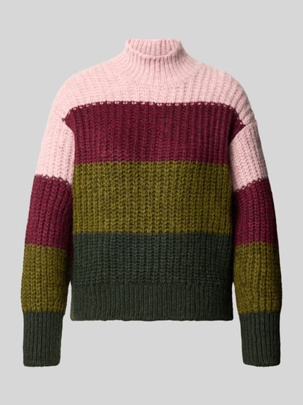 Productfoto, Strickpullover mit Stehkragen van MORE & MORE, regular fit, allover-look, grofgebreid, col, ruglengte maat 36: 51 cm, mouwlengte maat 36: 55 cm, kleurblokken roze, bordeaux, olijfgroen en donkergroen