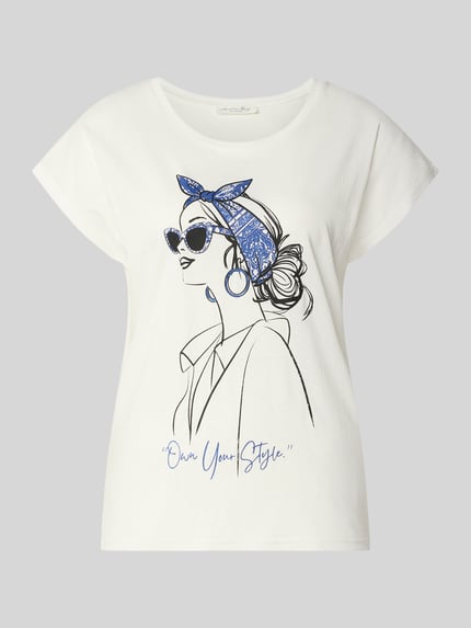 Produktfoto, T-Shirt aus Baumwoll-Viskose-Mix von Christian Berg Woman in Weiß mit blauem Grafikprint, gerader Schnitt, Rundhalsausschnitt, überschnittene Schultern, Rückenlänge bei Größe S 56 cm