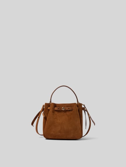 Produktfoto, Bucket Bag in Suede-Optik van Tory Burch, bruin, logodetail, hoofdvak met magneetsluiting, afneembare schouderband, breedte 23 cm, lengte 22 cm, diepte 10 cm