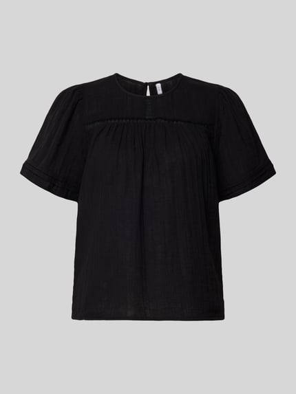 Productfoto, Relaxed Fit Bluse uit puur katoen model 'SIKKA' van Pieces, effen zwart, mousseline, tuniekkraag, korte mouw, plooien, 1-knoopsluiting