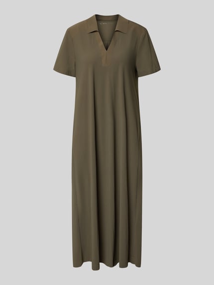 Produktfoto, Midikleid mit Strukturmuster und Umlegekragen Modell 'JOSEPHINA' von Raffaello Rossi im Loose-Fit, Material-Mix mit Stretch-Anteil, khaki, V-Ausschnitt, kurze Ärmel, Rückenlänge 122 cm, Brustweite 50 cm, Ärmellänge 23 cm, fließende Textur