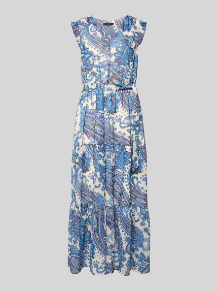 Produktfoto, Midikleid im Allover-Look mit Bindegürtel von Oui, blau-weiß gemustert, A-Linie, V-Ausschnitt, feine Stoffstruktur