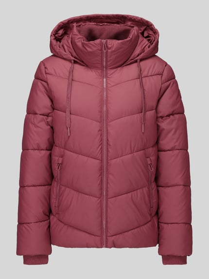 Produktfoto, Steppjacke mit Kapuze von TOM TAILOR in Unifarbe Bordeaux, Longline Regular Fit, Struktur mit Reißverschlusstaschen, Kordeln, Zugband und sichtbaren Steppnähten, Webware mit Steppeinsatz