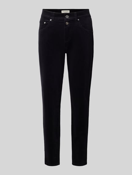 Produktfoto, Boyfriend Fit Cordhose aus Baumwoll-Mix von Marc O'Polo in Schwarz mit sichtbarer Cordstruktur vor grauem Hintergrund