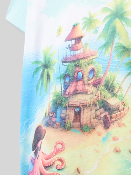 Productfoto, Regular Fit T-shirt met katoenmix van s.Oliver RED LABEL voor kinderen met all-over motiefprint, motiefapplicatie en ronde hals in kleurrijke jersey, detailopname