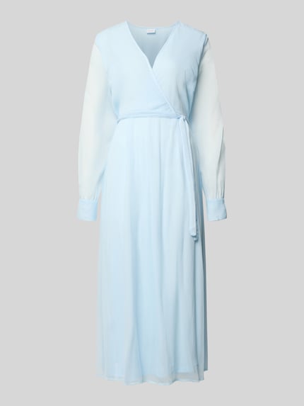 Produktfoto, Midikleid mit Taillenband Modell 'FALIA' von VILA, jasnoniebieski, długa sukienka, krój slim fit, dekolt V, pasek, długie półprzezroczyste rękawy, nieprzezroczysta podszewka, długość pleców w rozmiarze 36: 127 cm, szerokość w rozmiarze 36: 47 cm, długość rękawa w rozmiarze 36: 66 cm