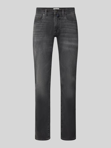 Produktfoto, Regular Fit Jeans mit Label-Detail Modell 'Lyon' von Pierre Cardin, mieszanka bawełny z dodatkiem streczu, krój regular fit, wpuszczane kieszenie, detal z logo, szerokość w rozmiarze 32/34: 43 cm, długość wewnętrzna nogawki w rozmiarze 32/34: 85 cm