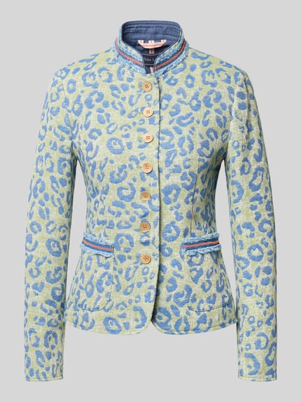 Productfoto, Slim Fit Blazer mit Allover-Animal-Stitching van WHITE LABEL in katoenmix, blauw en lichtgeel, met opgezette zakken en staande kraag