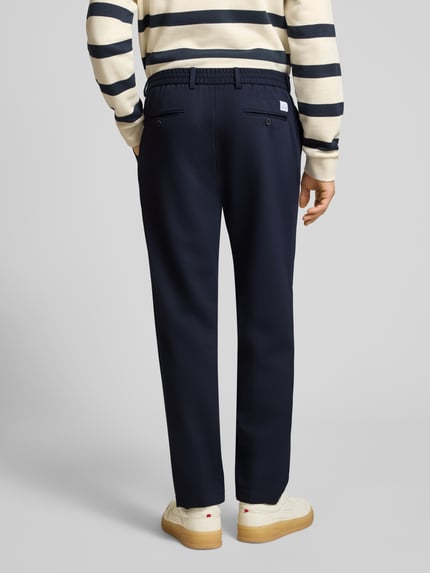 Mannenmodel draagt Straight Fit broek met viscose van Manuel Ritz, elastische materiaalmix, bandplooien, knoop- en ritssluiting, donkerblauw, bandwijdte maat 50: 42 cm, binnenbeenlengte maat 50: 73 cm, volledige achteraanzicht
