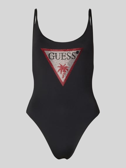 Produktfoto, Slim Fit badpak met strass-steentjes, logodetail, elastische materiaalmix, verstelbare spaghettibandjes, rugdecolleté van guess