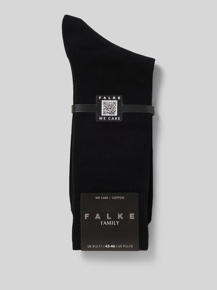 Produktfoto, effen zwarte sokken met elastische ribboordjes, model 'Family SO' van Falke, labeldetail, heren, effen design
