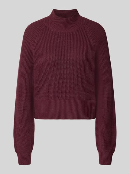 Productfoto, Regular Fit Pullover Baumwoll-Mix Modell 'Dara' van NOISY MAY®, wijnrood, gebreide structuur, opstaande kraag, dames pullover
