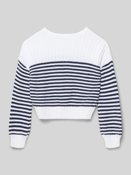 Produktfoto, Strickpullover mit Label-Detail Modell 'SLASH' von Abercrombie&Fitch, weiß-blau gestreift, Rippstruktur, gerade Passform