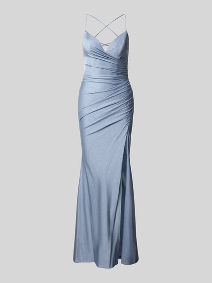 Productfoto, Maxikleid mit Drapierungen und Gehschlitz van Mascara, satijnen glanzende stof, aansluitende fit, ruches, loopsplit, lichtblauw