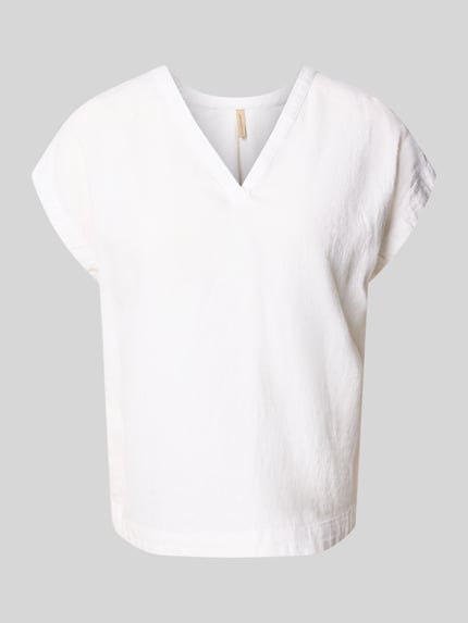 Produktfoto, Blusenshirt aus Leinen-Viskose-Mix Modell 'INA' von Soyaconcept in Weiß, gerader Schnitt, V-Ausschnitt, glatte Textur