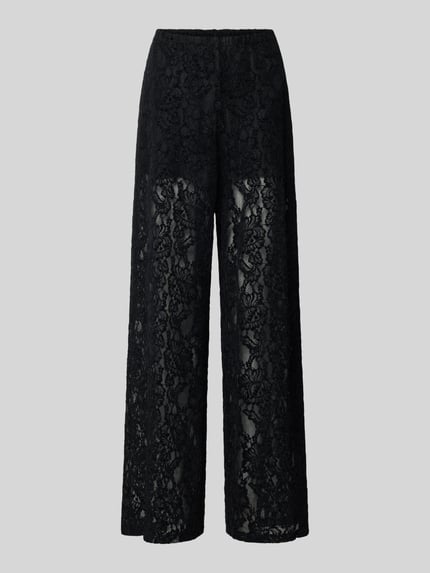 Produktfoto, schwarze Wide Leg Hose aus Spitze Modell 'COCO' von Topshop, transparenter Material-Mix mit Stretch-Anteil, florale Textur.