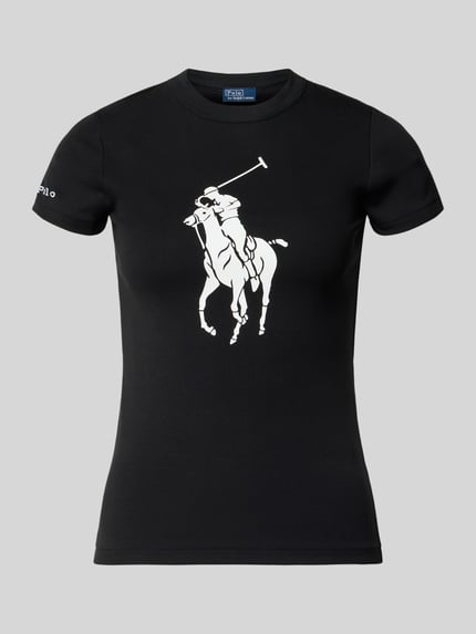 Vrouwenmodel draagt Slim Fit T-Shirt aus Baumwoll-Mix van Polo Ralph Lauren, zwart, unikleur, logo-print, ronde hals, korte mouw, rib jersey, voorkant volledige lichaamsweergave.