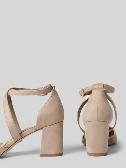 Produktfoto, Pumps mit Kreuzriemen van Tamaris in effen beige velours, ronde neus, blokhak, gladde zool, dornsleutel sluiting