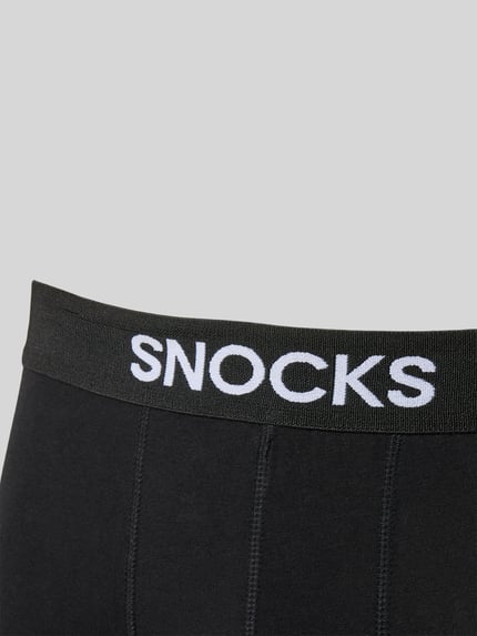Produktfoto, Trunks mit Logo und elastischem Bund im 2er-Pack von Snocks aus Baumwoll-Elasthan-Mix, schwarze Farbe, Körpernahe Passform
