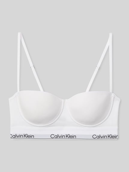 Produktfoto, Balconette BH mit Logo-Stitching von Calvin Klein Underwear aus weißem Elastischer-Material-Mix mit Modal-Anteil, sichtbarer Haken-Verschluss und verstellbare Träger, schlichte Form, glatte Struktur.