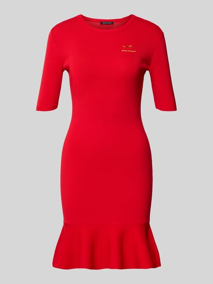 Produktfoto, Knielanges Kleid aus Viskose-Mix mit Label-Stitching von ARMANI EXCHANGE w czerwieni, dopasowany krój, okrągły dekolt, widoczna faktura tkaniny.