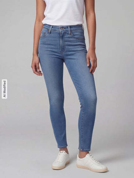Frauenmodel trägt Skinny Fit Jeans aus Baumwoll-Mix Modell ''721®'' von Levi's® 300 in hellem Blau, Nahaufnahme Oberkörper, KI-modifiziertes Bild.