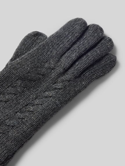 Produktfoto, Handschuhe aus reiner Wolle mit Label-Detail von EEM, dunkelgrau, Zopfmuster, gerippter Abschluss, weiche Textur