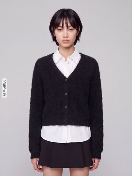 Frauenmodel trägt Strickjacke aus Leinen-Kaschmir-Mix mit V-Ausschnitt von MM by Max Mara in Schwarz, Regular Fit, glatte Knopfleiste, Kombi mit weißer Bluse und kurzem Rock, weiche Textur, Ganzkörperansicht von vorne, Rückenlänge 51 cm, Ärmellänge 59 cm, KI-modifiziertes Bild.