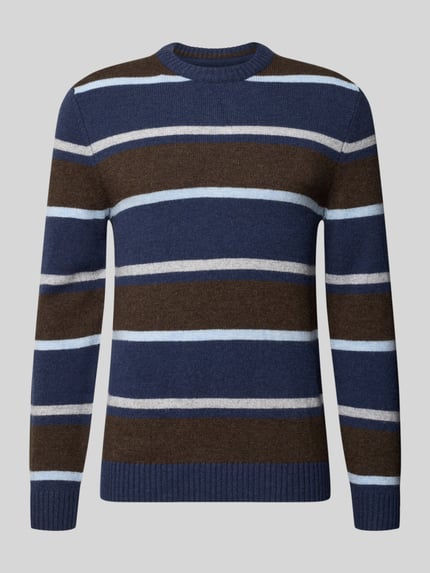 Produktfoto, Strickpullover aus Woll-Mix im Allover-Look von MCNEAL in Braun und Blau, Slim Fit, Rundhalsausschnitt, klare Streifenmuster