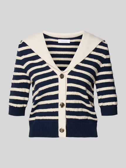 Produktfoto, Cardigan aus Viskose-Mix mit 1/2-Arm von Rich & Royal in Navy und Creme mit Knopfleiste, Umlegekragen, Regular-Fit, Damen, strukturierte Oberfläche, Baumwoll-Anteil, Rückenlänge bei Größe S 50 cm, Ärmellänge 30 cm.