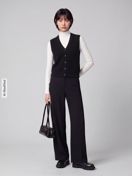 Frauenmodel trägt Regular Fit Weste mit V-Ausschnitt Modell 'SALLY' von Pieces, unifarben, Strick, Ganzkörperansicht von vorne, KI-modifiziertes Bild.