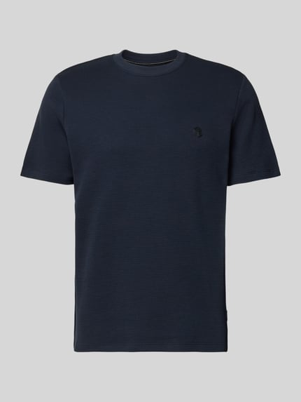 Produktfoto, donkerblauw heren T-shirt van puur katoen, recht model, ronde hals, labeldetail, ruglengte maat M 69 cm, T-shirt met Label-Detail model 'FILLIP' van Blend