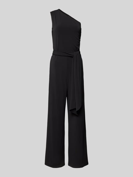 Produktfoto, zwarte Jumpsuit met Stretch-Anteil van Oui uit elastische materiaalmix, getailleerde pasvorm, one-shoulder design, tailleband, mouwloos design, ruglengte maat 36: 40 cm, borstwijdte maat 36: 38 cm, totale lengte maat 36: 142 cm, binnenbeenlengte maat 36: 78 cm