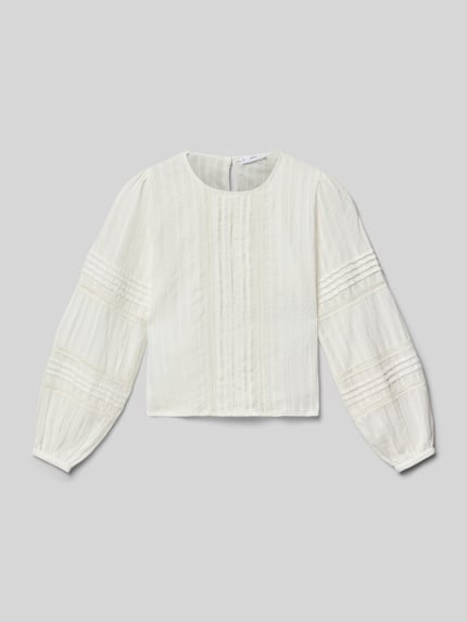 Produktfoto, Blusenshirt mit Rundhalsausschnitt von Mango für kinder, Reine Baumwolle, Lockerer-Schnitt, Raffungen, Schlüsselloch-Ausschnitt, cremefarben, feine Struktur