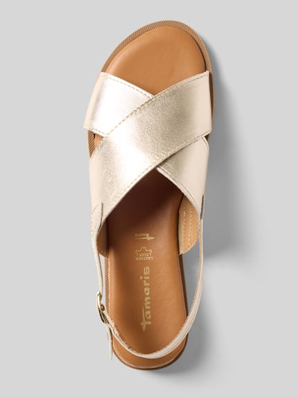 Productfoto, Sandalen aus echtem Leder van Tamaris in effen goudkleurig veloursleer met afgeronde neus, blokhak, labelreliëf, gespsluiting, gestructureerde zool