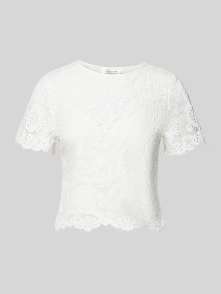 Produktfoto, wit semitransparant Blusentop aus Spitze Modell 'Lilia' van GUIDO MARIA KRETSCHMER WOMAN, taillierte fit, ronde hals, korte mouwen, fijne kanttextuur