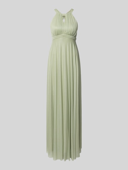 Produktfoto, Schimmerndes Abendkleid mit Schlüsselloch-Ausschnitt von Jake*s Cocktail, hellgrün, A-Linie, Maxikleid aus Mesh, schimmernde Textur, Rückenlänge bei Größe 36: 153 cm, Brustweite: 30 cm.