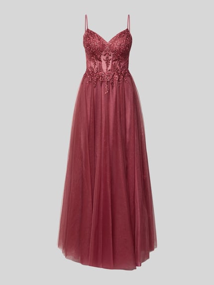 Produktfoto, Abendkleid mit Stitchings und Ziersteinbesatz von Luxuar, bordeauxrot, Tüll, Maxikleid, taillierter Schnitt, Spaghettiträger