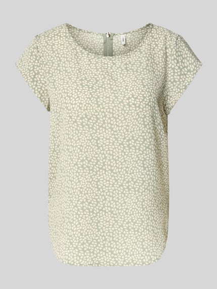 Produktfoto, Relaxed Fit Blusenshirt in Crêpe-Verarbeitung Modell 'VIC' von Only mit Allover-Muster in Hellgrün und Creme, U-Boot-Ausschnitt, abgerundeter Saum
