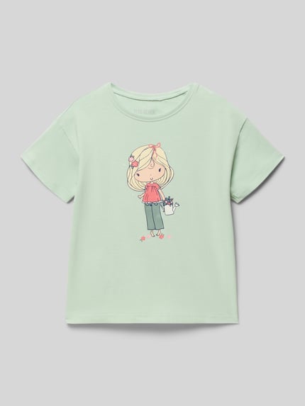 Produktfoto, T-Shirt mit Rundhalsausschnitt und Motiv-Print von Blue Seven, Kinder T-Shirt aus Baumwoll-Mix mit Stretch-Anteil, Gerader-Schnitt, Rückenlänge bei Größe 116: 42 cm.