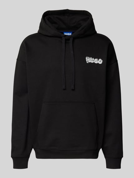 Produktfoto, Relaxed Fit Hoodie aus reiner Baumwolle Modell 'NYROHOOD' von HUGO, Optik: Unifarben Schwarz, Label-Print, Kängurutasche, Materialverarbeitung: Sweat.