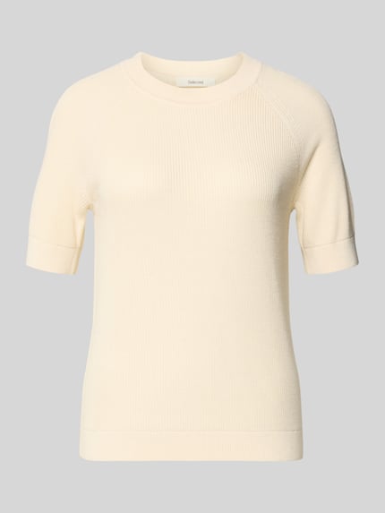 Produktfoto, Regular Fit Strickpullover aus Viskose-Baumwoll-Mix Modell 'ELINNA' von Selected Femme, kremowy, strukturalny splot, okrągły dekolt, krótki rękaw