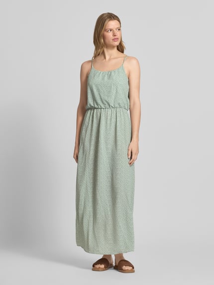 Vrouwenmodel draagt maxi-jurk uit crêpe model 'WINNER LIFE' van Only met all-over bloemenmotief, getailleerd, ronde hals, verstelbare spaghettibandjes, elastische tailleband, materiaalverwerking: crêpe. Ganzlichaamsaanzicht van voren.