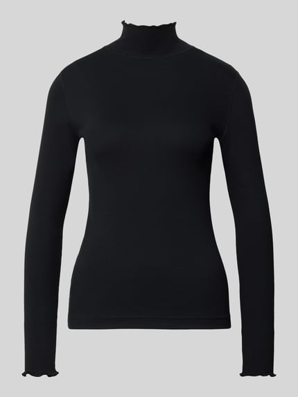 Productfoto, Slim Fit Langarmshirt mit Rüschenkragen van MARC CAIN, effen zwart, mat, hoge col, lange mouw, afgeronde zoom, katoenmix.