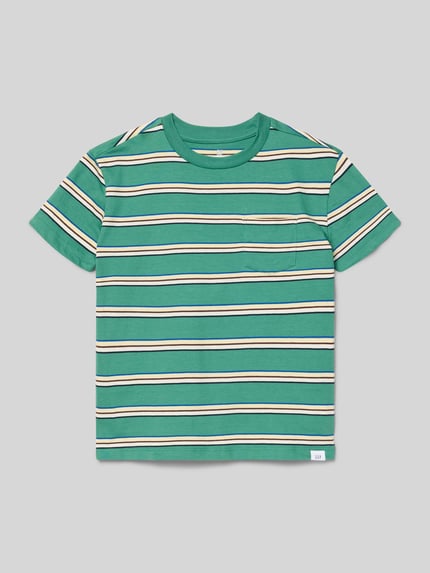 Produktfoto, Regular Fit T-Shirt mit Logo-Detail von GAP, grünes Kinder T-Shirt aus reiner Baumwolle, Rundhalsausschnitt, Streifenmuster, Rückenlänge bei Größe 116: 46 cm